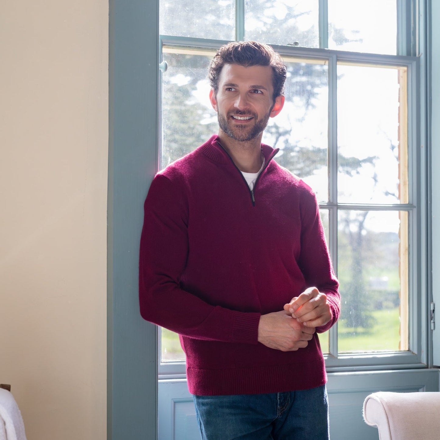 Quarter Zip Two - ply - Claret - IllannMen's Zip Neck