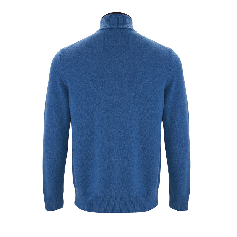 Baltic blue cashmere men's cardigan jumper, with brown alcantara suede trim on collar, back view by Illann Cashmere