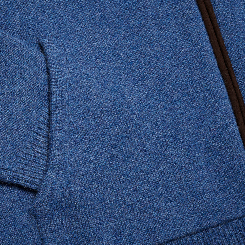 Baltic blue cashmere men's cardigan jumper, close up of side pocket, sleeve and brown alcantara suede zip trim by Illann Cashmere